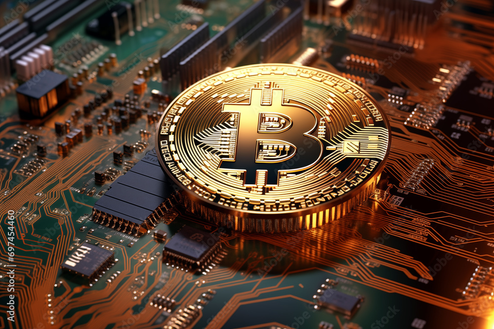 Poster bitcoin resting on a detailed computer circuit board