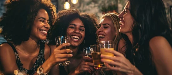 Foto op Canvas Women laughing and bonding in various celebratory venues in New York City, with smiles, happiness, and alcoholic beverages in luxurious settings. © AkuAku