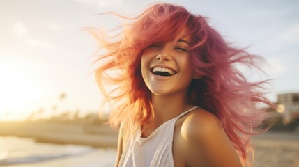 Naklejka premium Photorealistic Adult White Woman with Pink Straight Hair Illustration. Happy smiling person dancing on the beach. LA summer style Ai Generated Horizontal Illustration.
