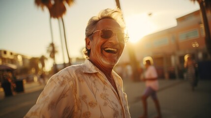 Photorealistic Old Latino Man with Brown Straight Hair Illustration. Happy smiling person dancing on the beach. LA summer style Ai Generated Horizontal Illustration.