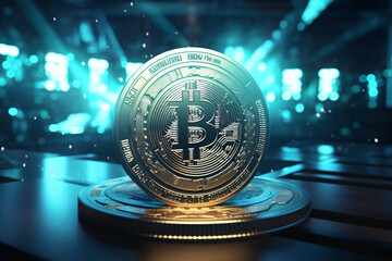 a digital crypto currency bit coin standing on top of a table