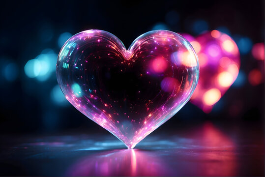 Glowing heart made of glass isolated on a dark background, valentine banner background, generative AI