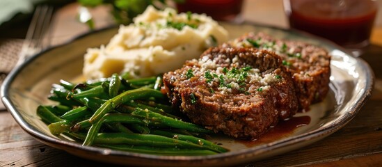 Classic plate: Meatloaf, mashed potatoes, and green beans. - obrazy, fototapety, plakaty