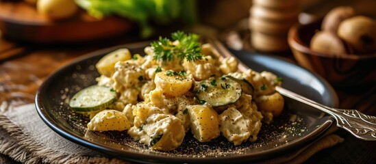 Potato salad with pickles on a dark plate.