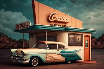 Vintage car parked at 60s drive-in theater's ticket booth. Generative AI