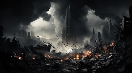 a simulated scenario involving the destruction of skyscrapers in an imitation terrorist attack, depicted in black and white. - obrazy, fototapety, plakaty