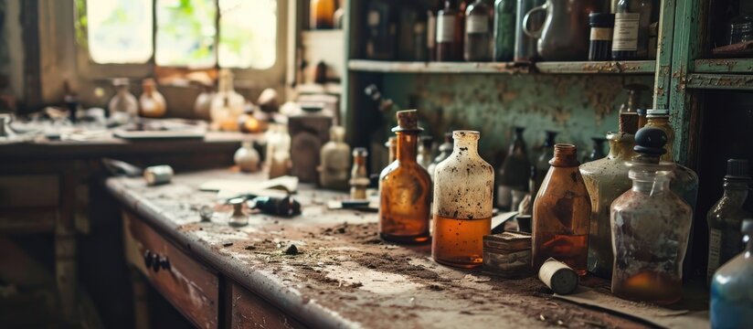 Antique lab cluttered with bottles and dirt image.