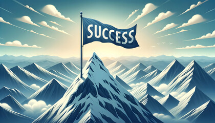 a mountain with the word success on a flag at the top insprational - obrazy, fototapety, plakaty