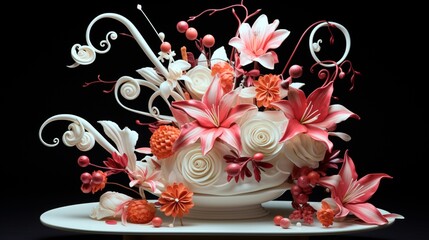 "A snapshot of a sculptural sugar sculpture, intricately crafted into a floral arrangement, showcasing the artistry and delicacy of confectionery."