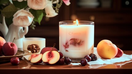 A striking composition featuring a mix of sliced peaches and cherries layered with luscious whipped cream, set against a backdrop of softly diffused candlelight.