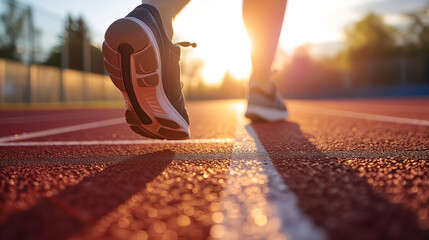 Close-up of Athlete's Running Shoes on Track at Sunset - obrazy, fototapety, plakaty