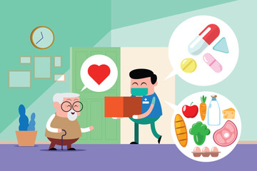 emotion cute vector, illustration flat cartoon character lifestyle doctor take care senior man at home.
