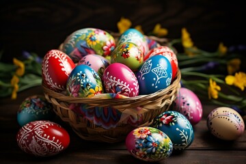 colorful Easter eggs in basket. Generative AI