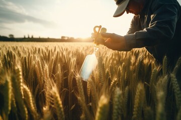 Using chemicals to protect wheat field; farmer ensures crop health. Generative AI