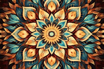 Geometric pattern resembling a mandala formed by interlocking fields of various shapes and colors. Generative AI - obrazy, fototapety, plakaty