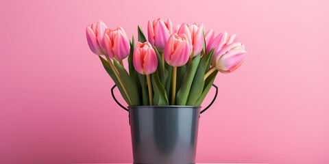 Pink Tulips in a Pink Coffee Cup with a Crumpled Note: A Monochrome Concept Love. Mother, Valentine, or Love and Romance Card.