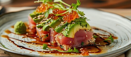 Tasty tuna dish with avocado, sesame seeds, and caviar - obrazy, fototapety, plakaty
