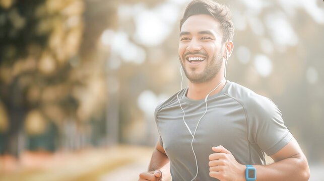 A smiling sheerful man jogging under the warm sunlight.