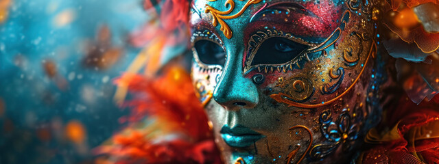 A mysterious Venetian mask adorned with intricate patterns and vivid colors, embodying the spirit of carnival and masquerade. - obrazy, fototapety, plakaty