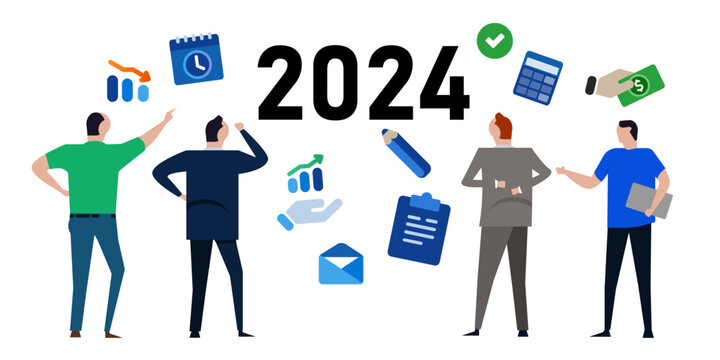 New year 2024 business prediction hope analysist for recovery in economic financial growth banner illustration