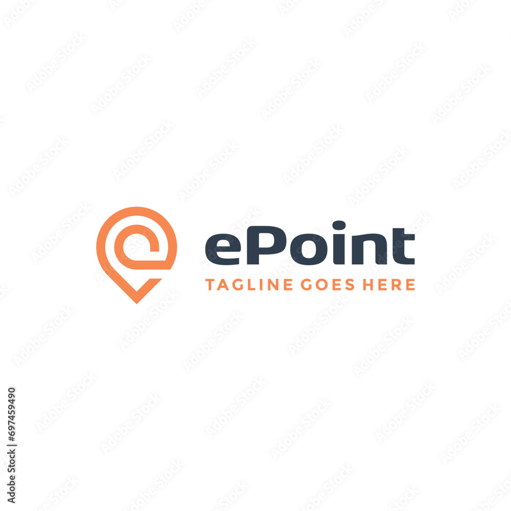 Poster initial letter e with pin map gps pointer for searching location address logo design