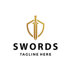 Golden Sword Security Armor Shaped Simple Line Art For Military Law Insurance Logo Design.