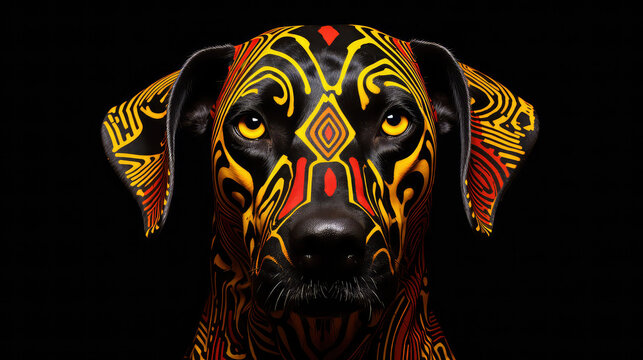Black Dog Head Colorful Mandala Design. A photo of an Optical dog African pattern.