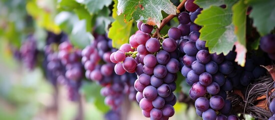 Grapes of a purplish color, grown in a vineyard. - obrazy, fototapety, plakaty
