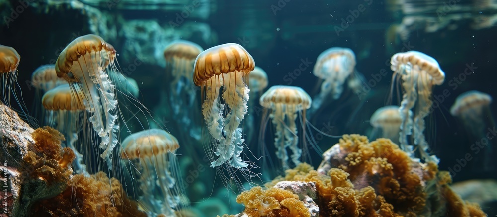 Canvas Prints Jellyfish gather in a tank.