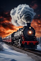 Naklejka premium Historic steam locomotive. Old vintage black train ride in the snowy forest in north pole. Fairy tale winter landscape. Retro aesthetic. Christmas and New Year concept. Design for banner, card, poster