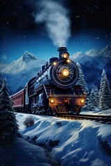 Historic steam locomotive. Old vintage black train ride in the snowy forest in north pole. Fairy tale winter landscape. Retro aesthetic. Christmas and New Year concept. Design for banner, card, poster