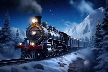 Historic steam locomotive. Old vintage black train ride in the snowy forest in north pole. Fairy tale winter landscape. Retro aesthetic. Christmas and New Year concept. Design for banner, card, poster