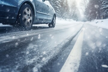  Closeup of winter car tires. Vehicle on snowy way at snowfall. Car's wheels spin and spew up pieces of snow as it attempts to gain traction on the road covered with snow