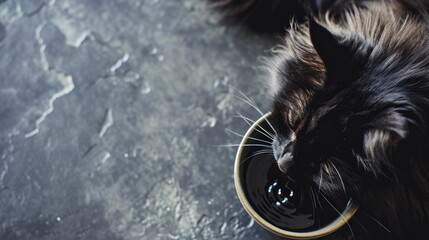 Top view of a long-haired black cat drinking from a bowl of water