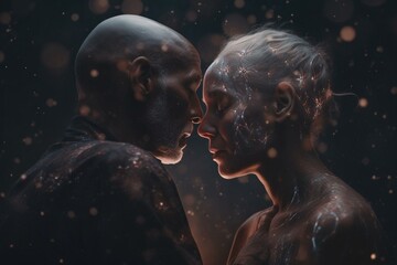 Two souls in love and awe, soulmates through time and space, surrounded by beautiful peaceful emotions. Generative AI