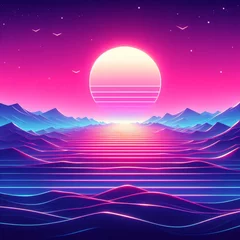 Rucksack 80s retro futuristic sci-fi background. Retrowave VJ videogame landscape with neon lights and low poly terrain grid. Stylized vintage cyberpunk vaporwave 3D render with mountains, sun and stars. 4K © Cobe