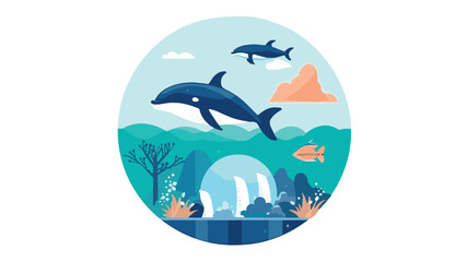 circular illustration of whales and evil nature, environment concept