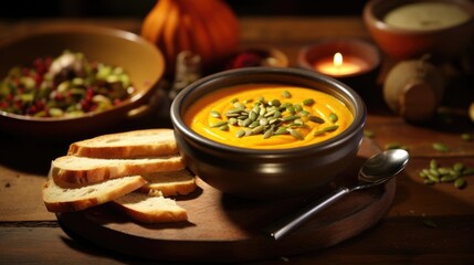 The camera lens focuses on a hearty bowl of creamy pumpkin soup, adorned with a drizzle of olive oil and a sprinkle of toasted pepitas. The vibrant orange color of the soup contrasts elegantly