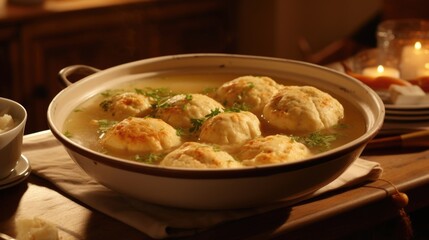 This classic matzo ball soup boasts delectable dumplings that are light yet substantial, bathed in a clear, golden broth that exudes an inviting aroma of freshly simmered chicken and tender