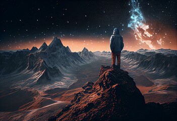 Man atop peak watching cosmos. Generative AI