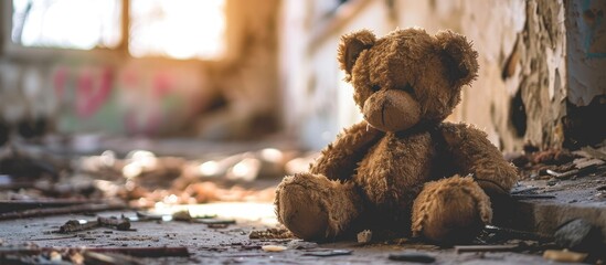 Sad broken teddy bear toy with missing head