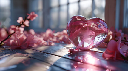 Crystal heart on a wooden surface with soft pink blossoms, a serene and pure representation of love.

