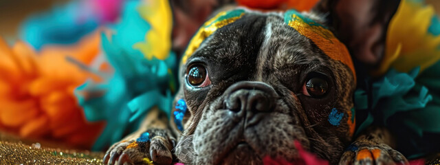 French bulldog with a thoughtful expression lies among colorful feathers, a carnival atmosphere in the air.
