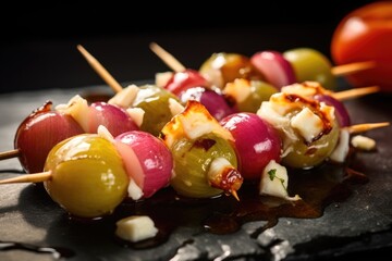 A creative shot featuring a skewer of tangy pickled pearl onions, alternating with bitesized chunks of brined cheese, adding an element of surprise and indulgence to the traditional pickle