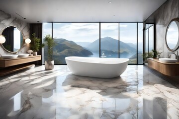 A luxurious bathroom with a large bathtub and a beautiful view.
