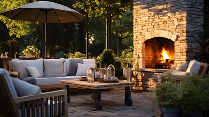 Serene backyard patio with outdoor seating and a fireplace - obrazy, fototapety, plakaty