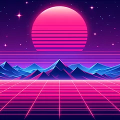 Raamstickers 80s retro futuristic sci-fi background. Retrowave VJ videogame landscape with neon lights and low poly terrain grid. Stylized vintage cyberpunk vaporwave 3D render with mountains, sun and stars. 4K © Cobe