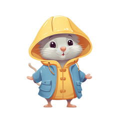 Cute mouse wearing raincoat. Autumn raincoat protects from rain, leaves and cold