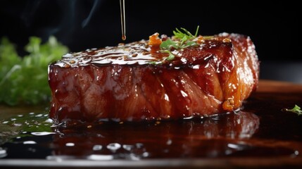 An appetizing food shot reveals a sumptuous bonein ham steak, glazed with a sweet and sticky sauce that caramelizes beautifully. The juicy meat offers a perfect balance between saltiness