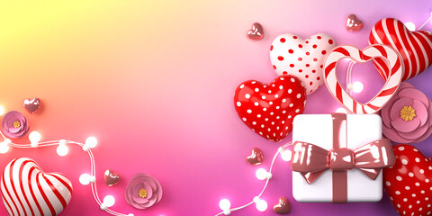 Valentine's day luxury sale banner with 3D hearts, shining lights and gift box.